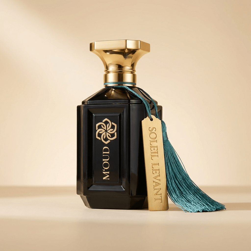 Soleil Levant fragrance pyramid — jasmine, oud, sandalwood notes — 30 percent extrait