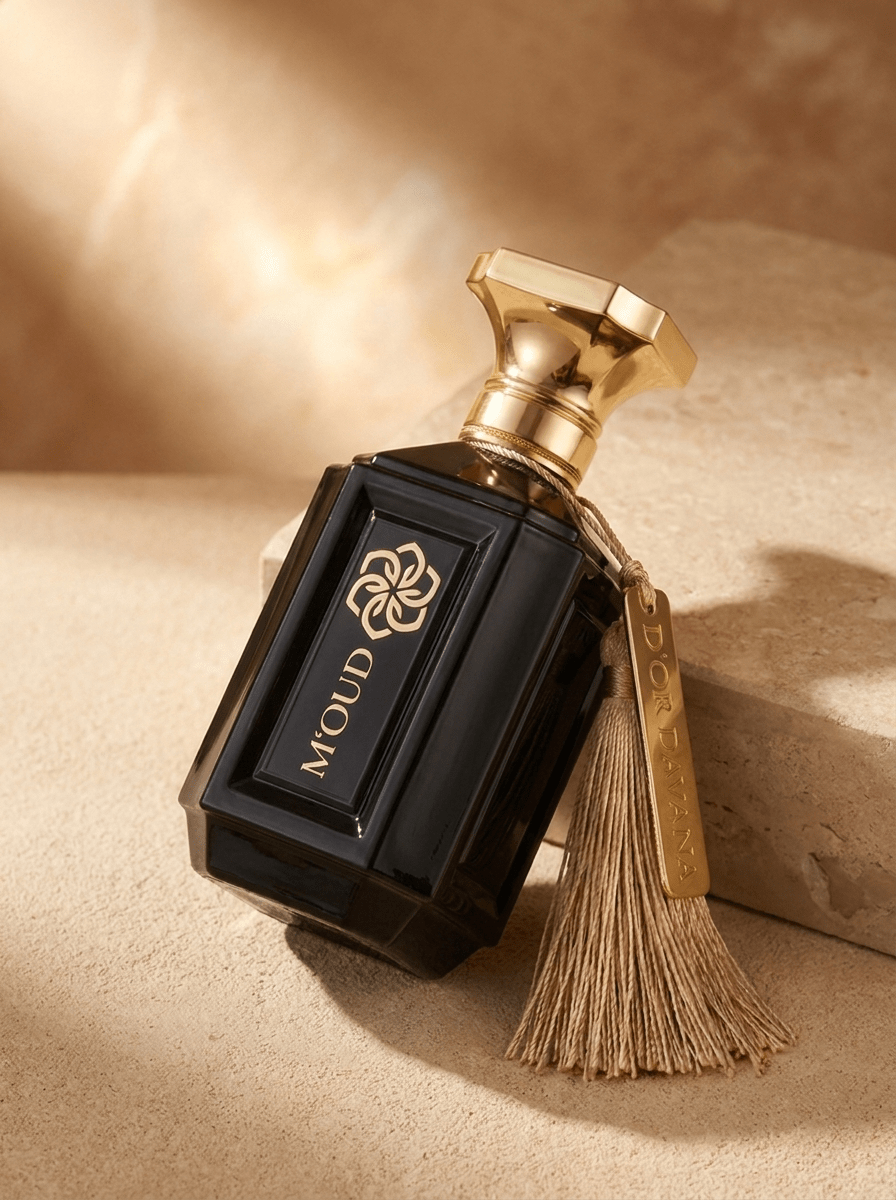 D'Or Davana — Swiss-made oud extrait flacon held in hand