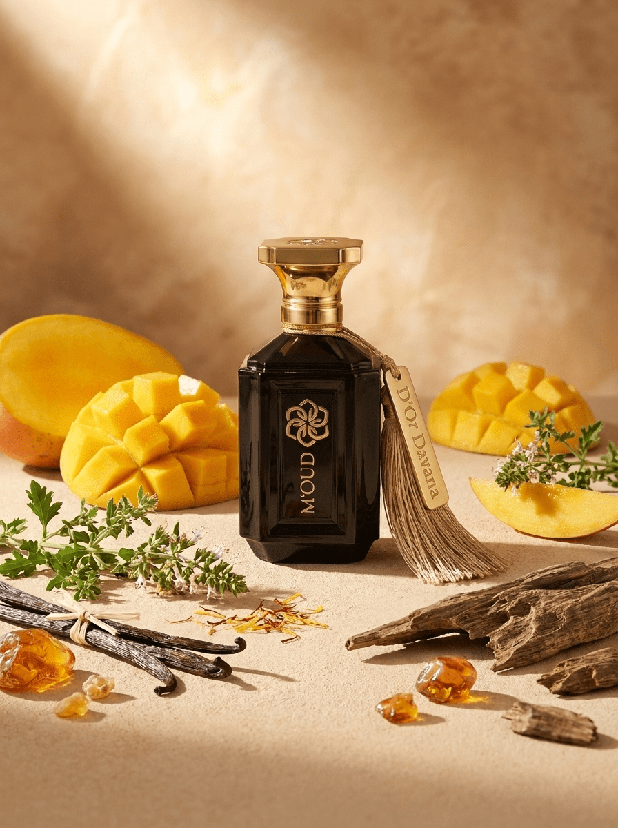 D'Or Davana — faceted black bottle with M'OUD Switzerland label detail