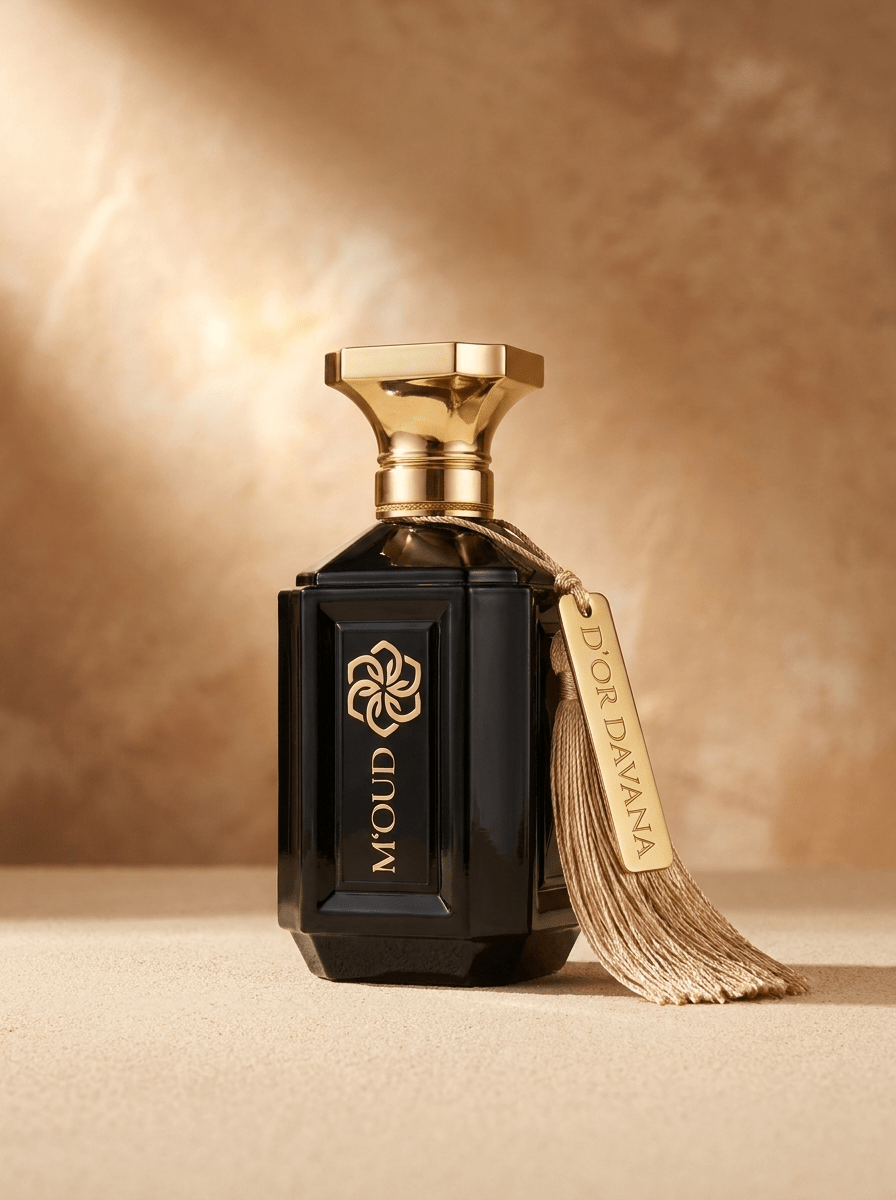 D'Or Davana Extrait de Parfum — lifestyle view of the gold-capped flacon