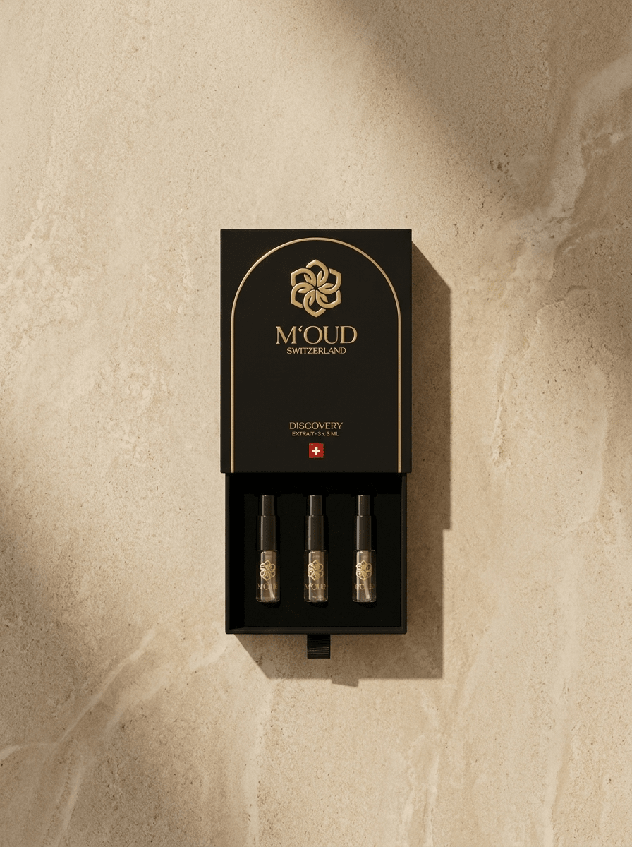 M'OUD Discovery Set — trio of niche oud samples held in hand