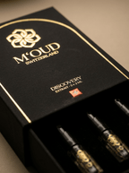 M'OUD Discovery Set — sample vial label detail on Swiss oud extrait