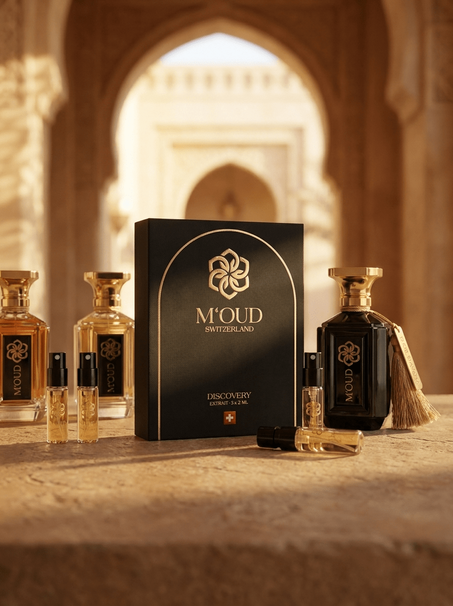 M'OUD Discovery Set — overhead view of the three-vial oud sampler