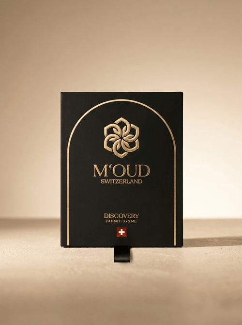 M'OUD Discovery Set — close-up of a 2ml Swiss oud extrait sample vial