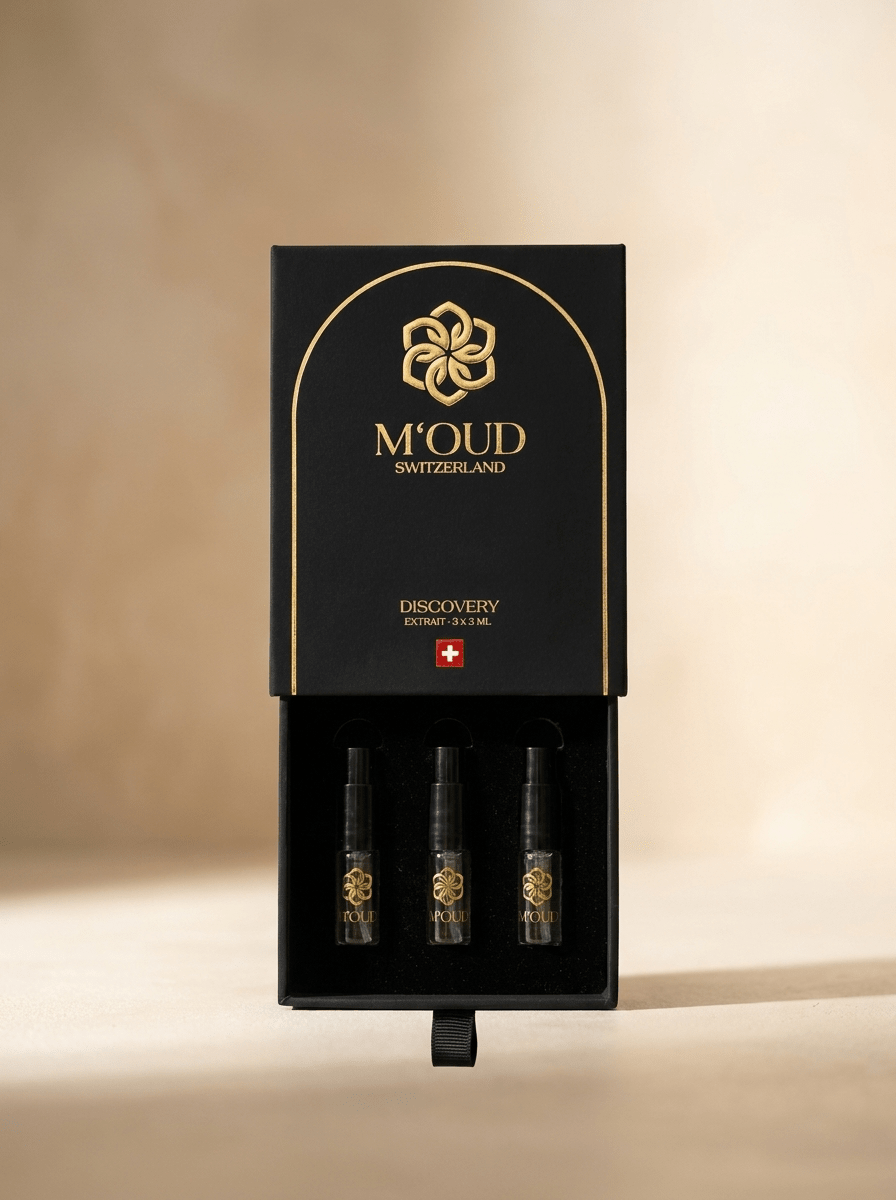 M'OUD Discovery Set — open box revealing three labelled oud extrait vials