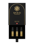 M'OUD Discovery Set — Soleil Levant, Amber Mirage and Oud Amal sample vials