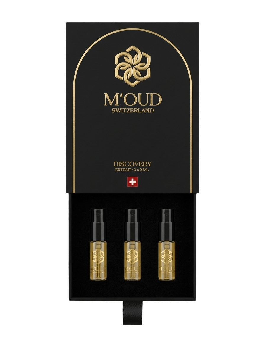 M'OUD Discovery Set — Soleil Levant, Amber Mirage and Oud Amal sample vials